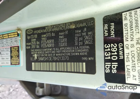 2008 Hyundai Santa Fe Limited/Se from USA, damaged, VIN 5NMSH13E78H213070